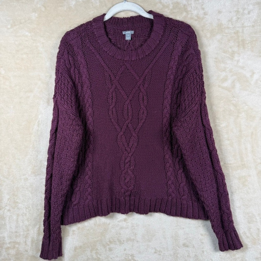 Aerie Womens XS Plum Purple Cable Knit Crew Neck Sweater Long Sleeve Cotton